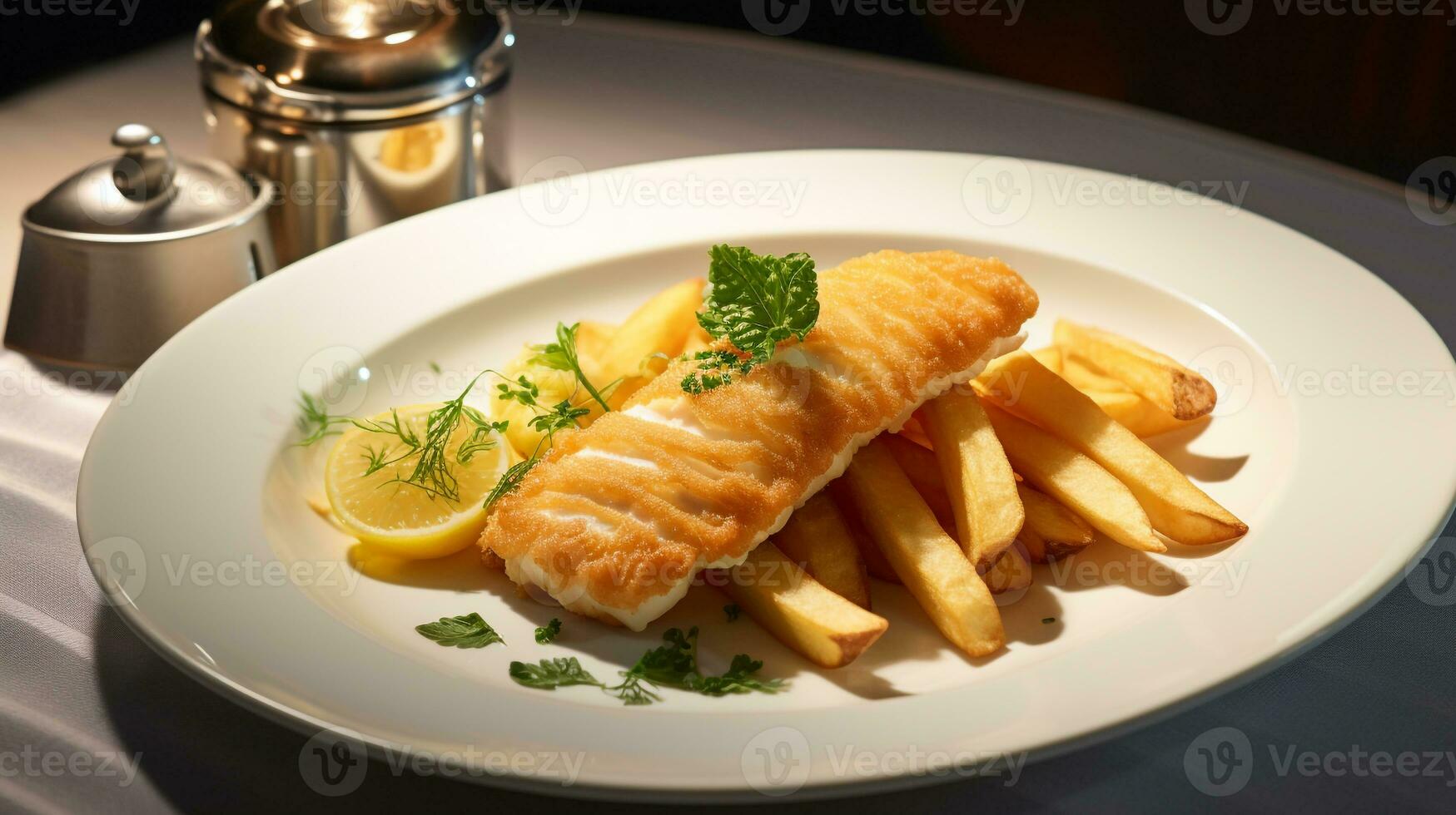 Photo of Fish and Chips as a dish in a high-end restaurant. Generative AI