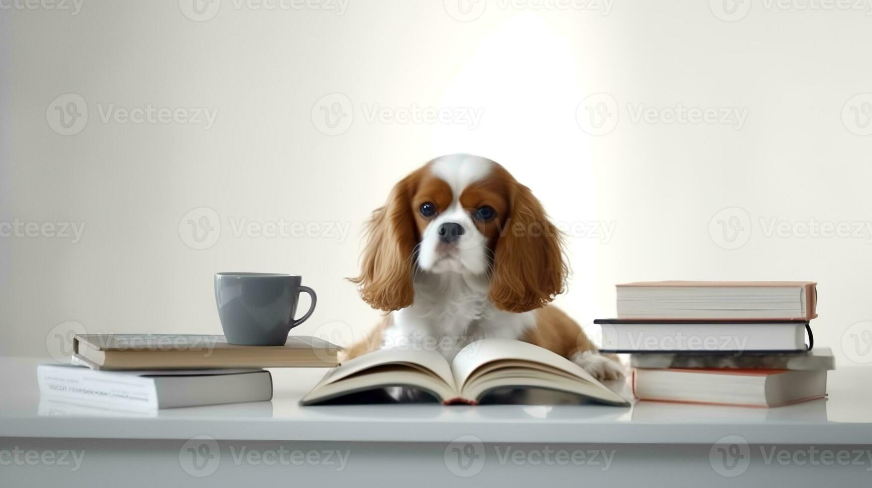 un caballero perro se sienta estudiando acompañado por un taza y pila de algo de libros. generativo ai foto