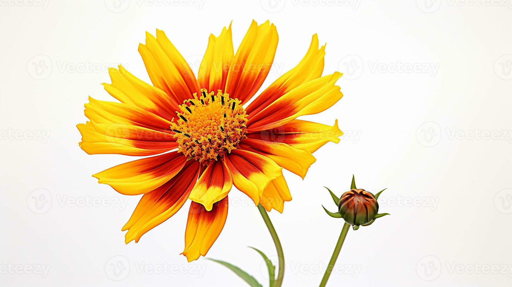 Photo of beautiful Coreopsis flower isolated on white background. Generative AI