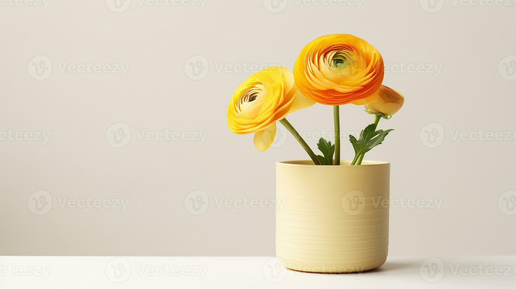 Photo of Ranunculus flower in pot isolated on white background. Generative AI