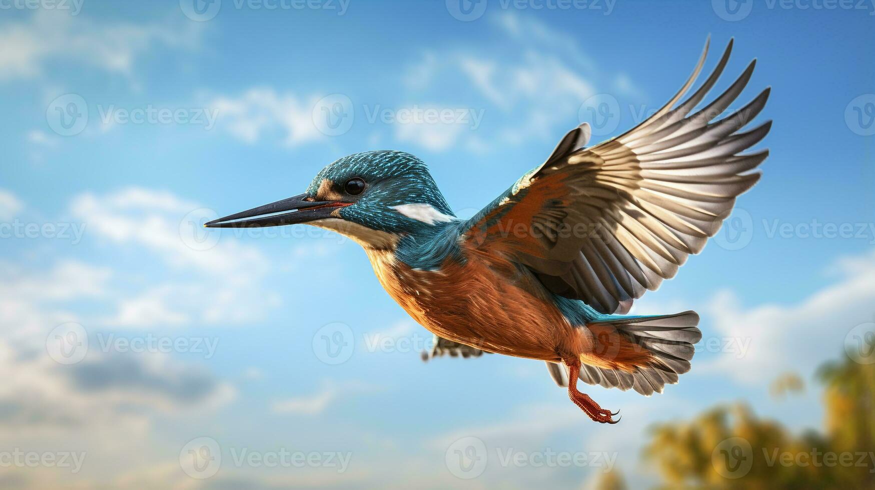 Photo of a Kingfisher under Blue Sky. Generative AI