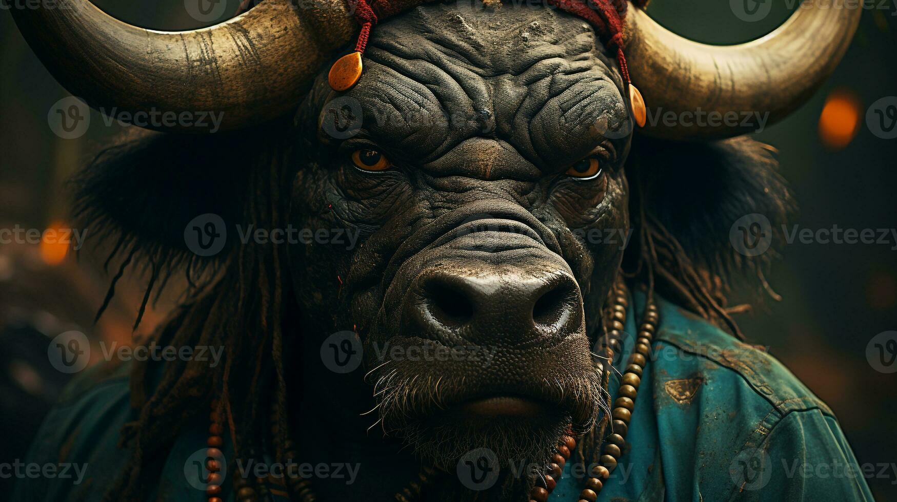 Close-up photo of a African Buffalo  looking any direction on jungle. Generative AI