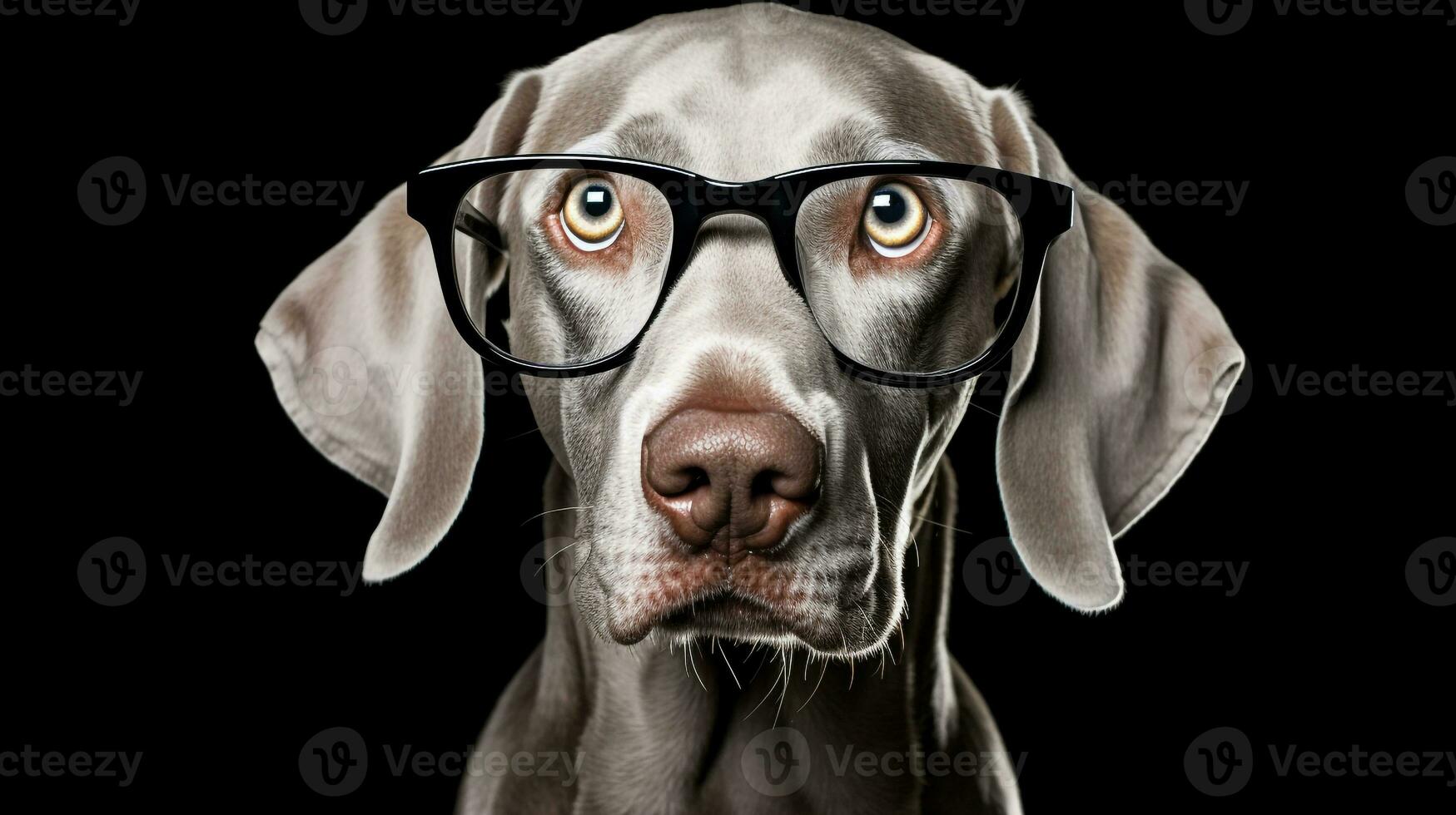 Photo of a Weimaraner dog using eyeglasses isolated on white background. Generative AI