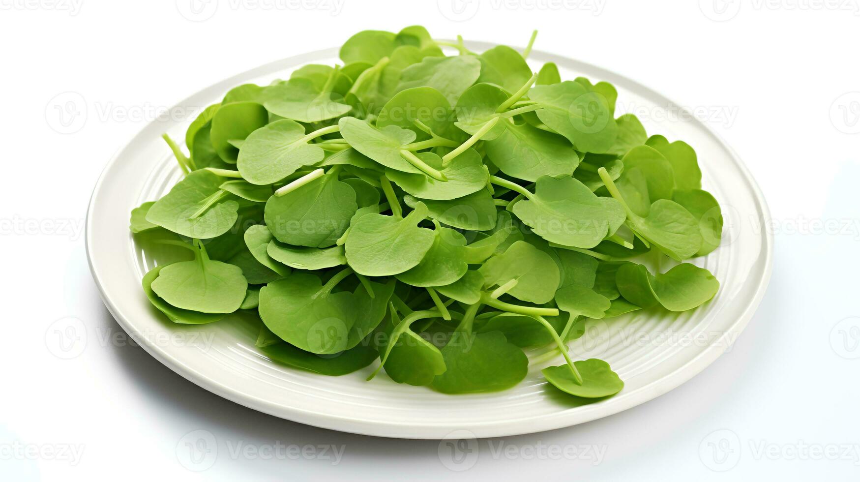 Photo of Watercress on plate isolated on white background. generative ai