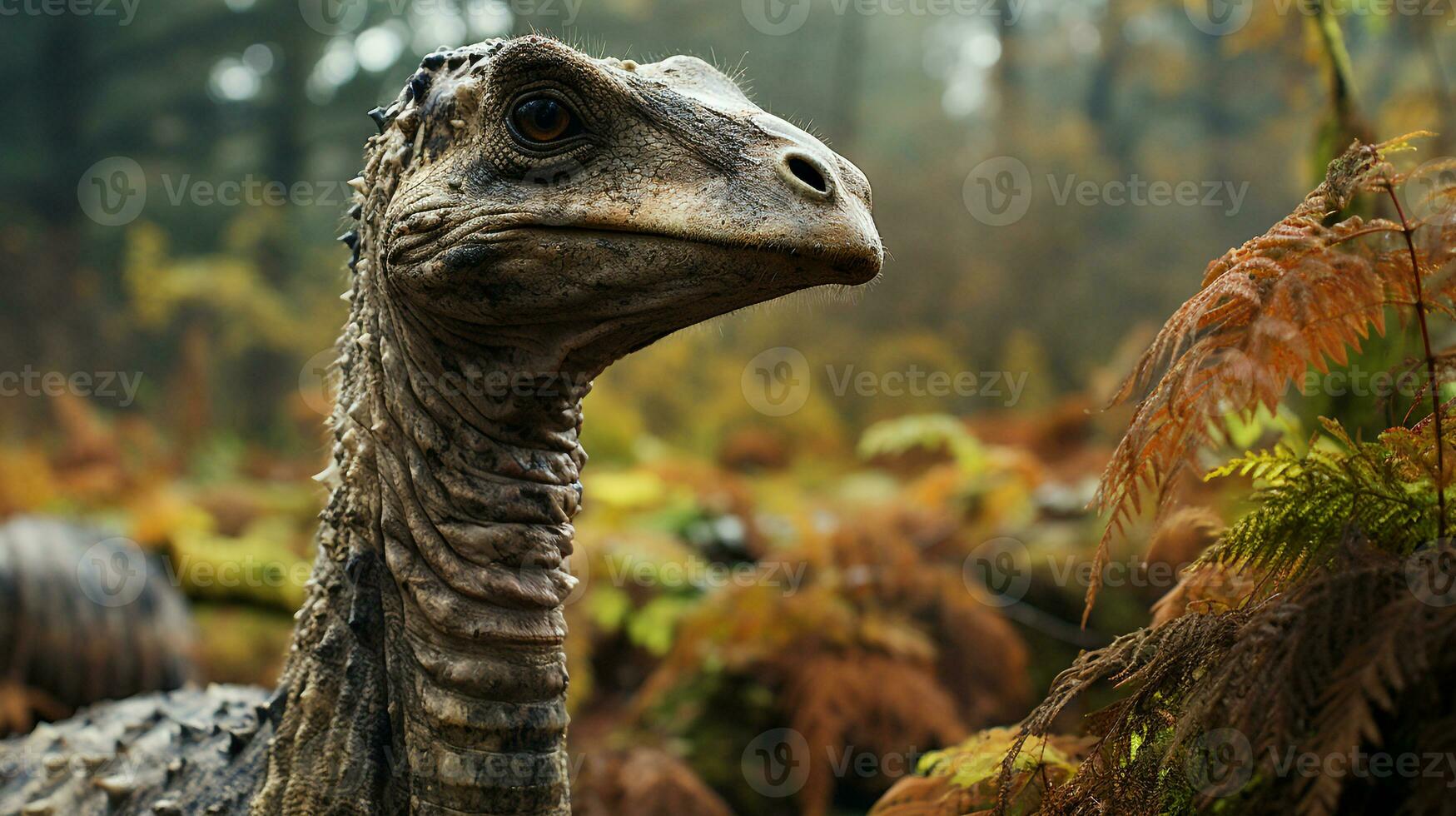 de cerca foto de un brontosaurio mirando en su hábitat. generativo ai