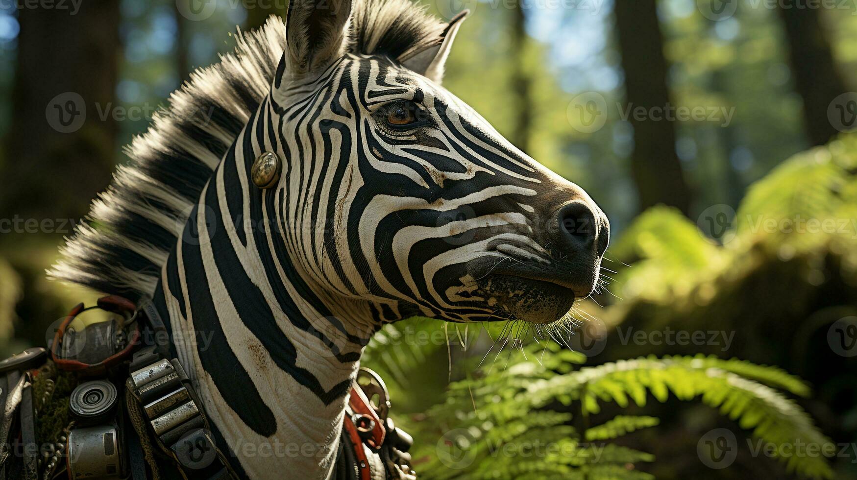 Close-up photo of a Zebra looking any direction on jungle. Generative AI