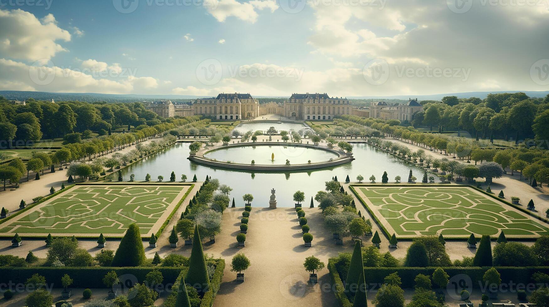 Photo of the beautiful gardens of the Palace of Versaille, France. Generative AI