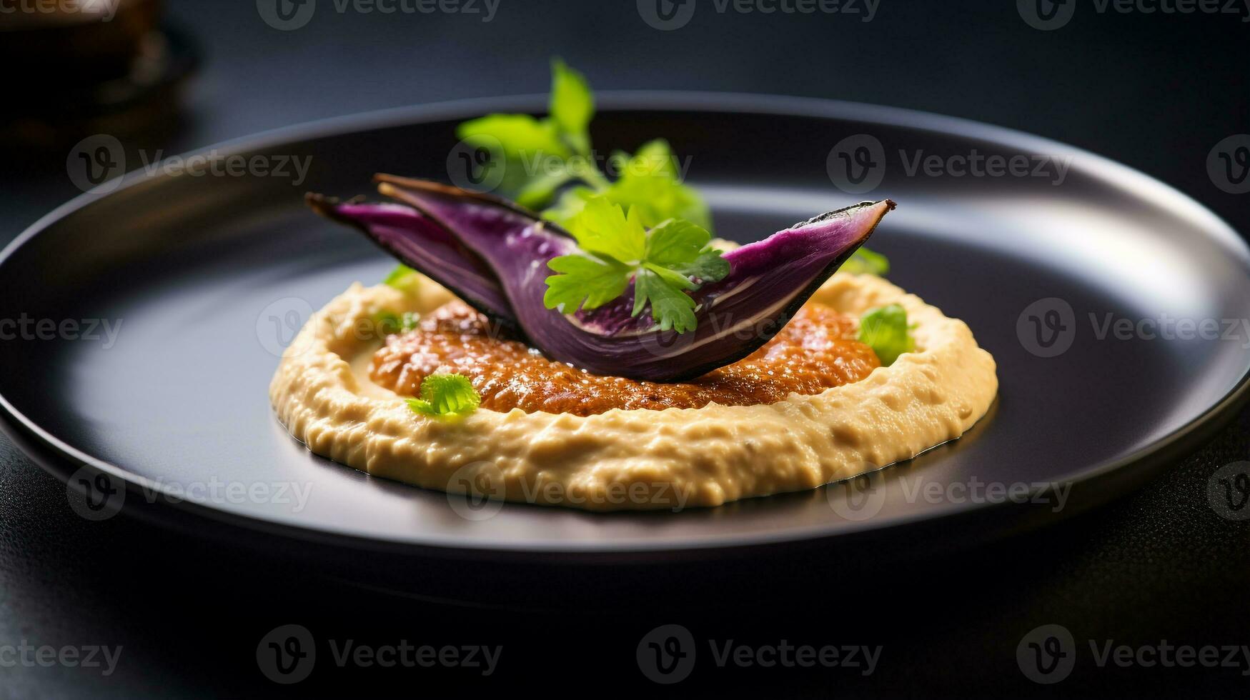 Photo of Moutabal - Eggplant Dip as a dish in a high-end restaurant. Generative AI