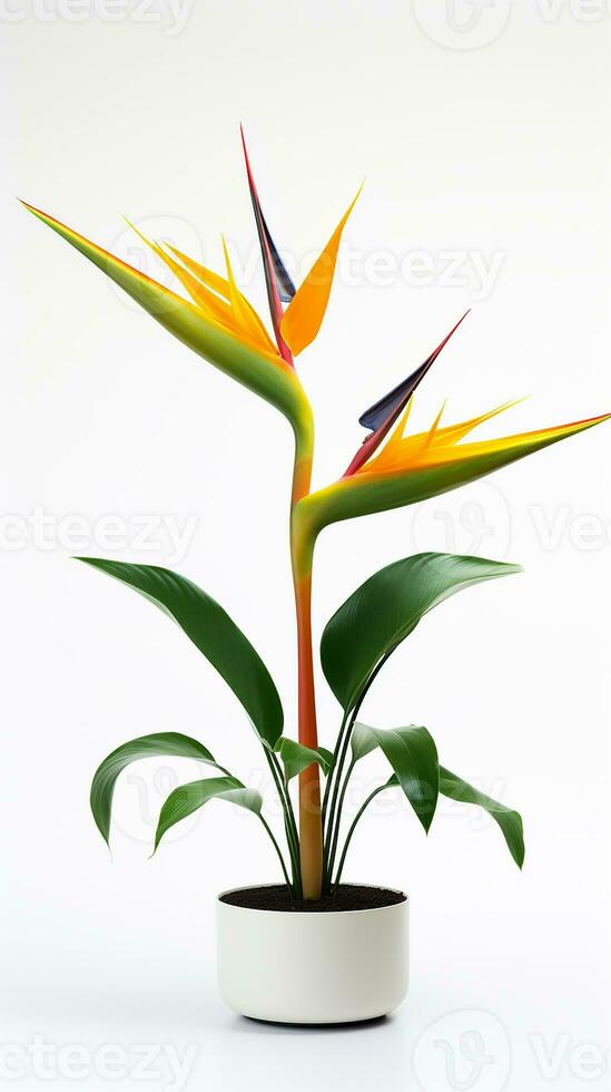Photo of Bird of Paradise flower in pot isolated on white background. Generative AI