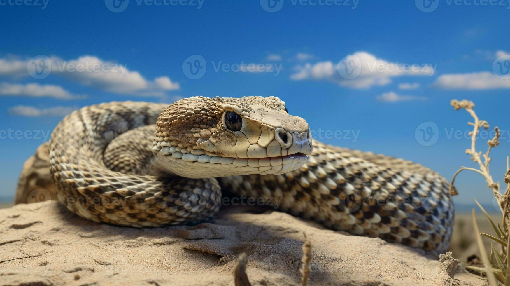 foto de un sidewinder serpiente de cascabel en un Desierto con azul cielo. generativo ai