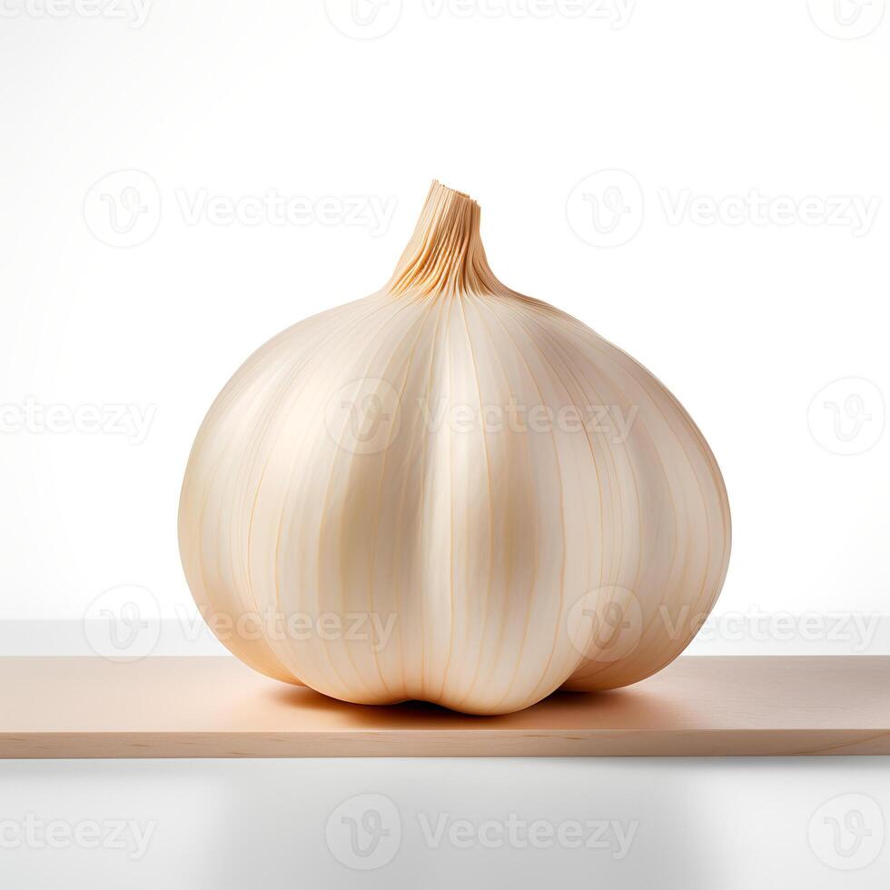 Photo of Garlic on wooden board isolated on white background.