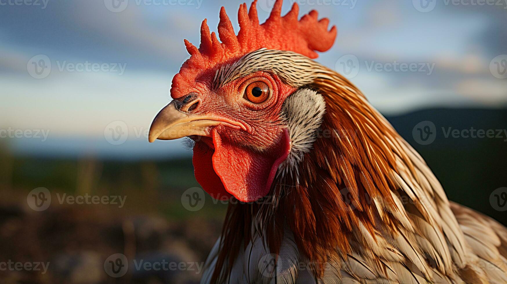 Close-up photo of a Chicken looking any direction. Generative AI