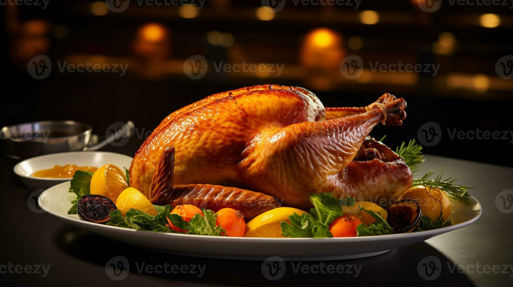Photo of Roast Turkey as a dish in a high-end restaurant. Generative AI