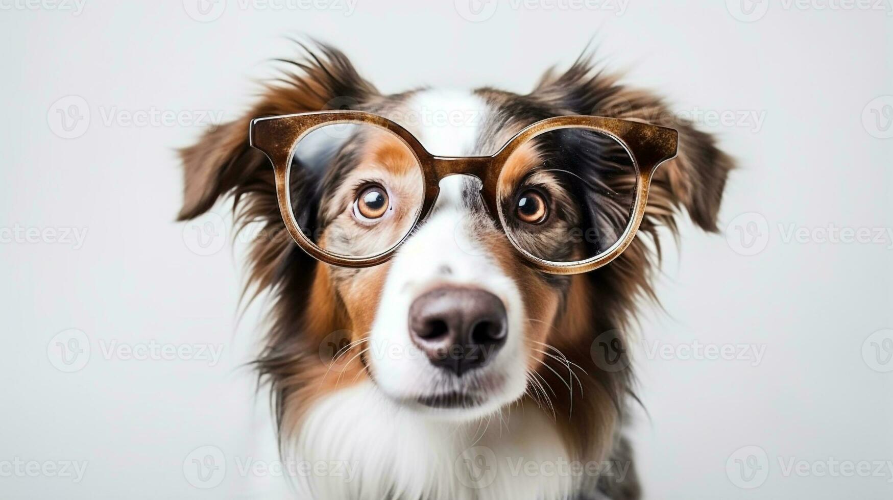 Photo of a Australian Shepherd dog using eyeglasses isolated on white background. Generative AI