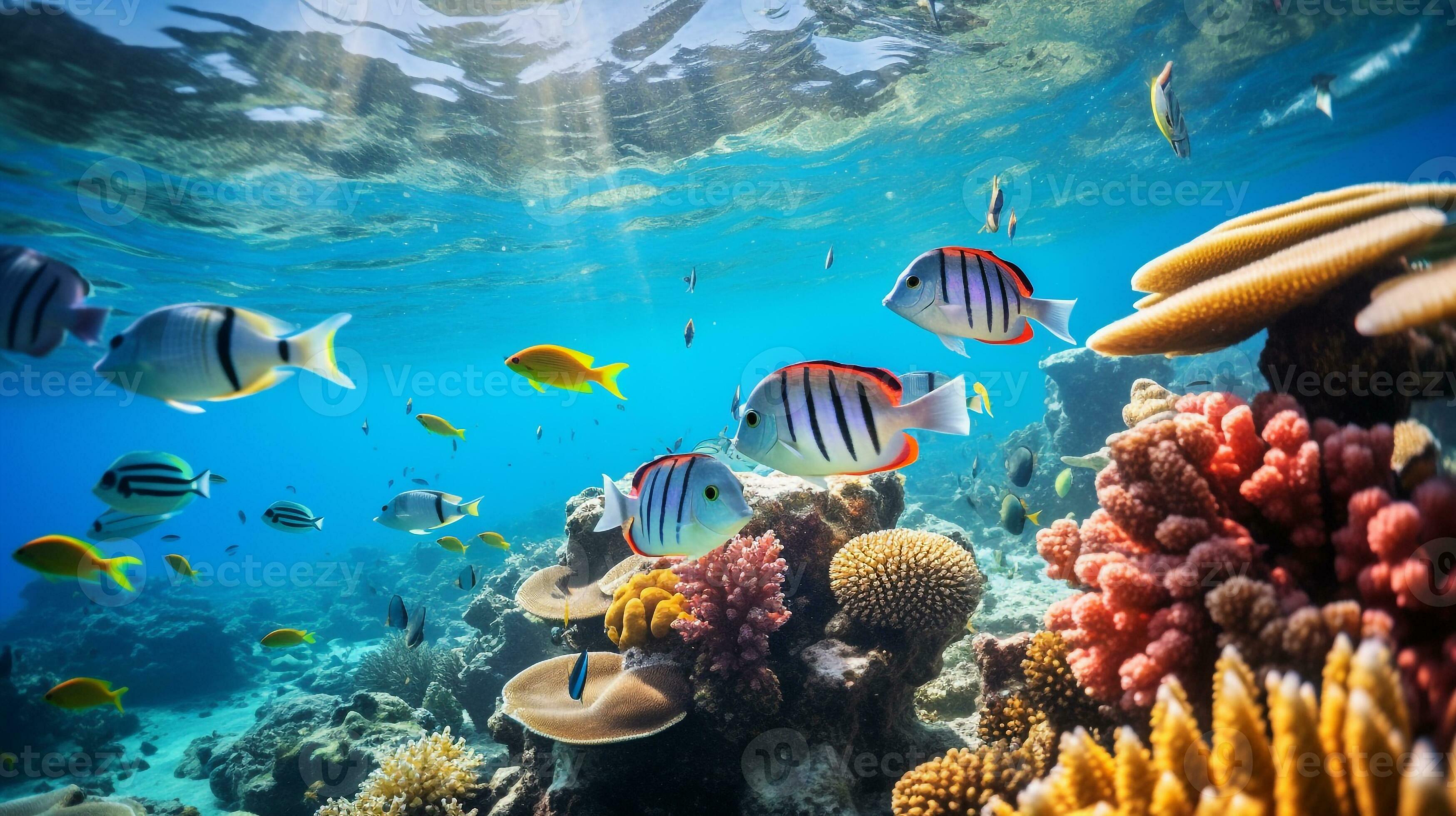 Photo of Zebrafish with various fish between healthy coral reefs in the blue ocean. Generative