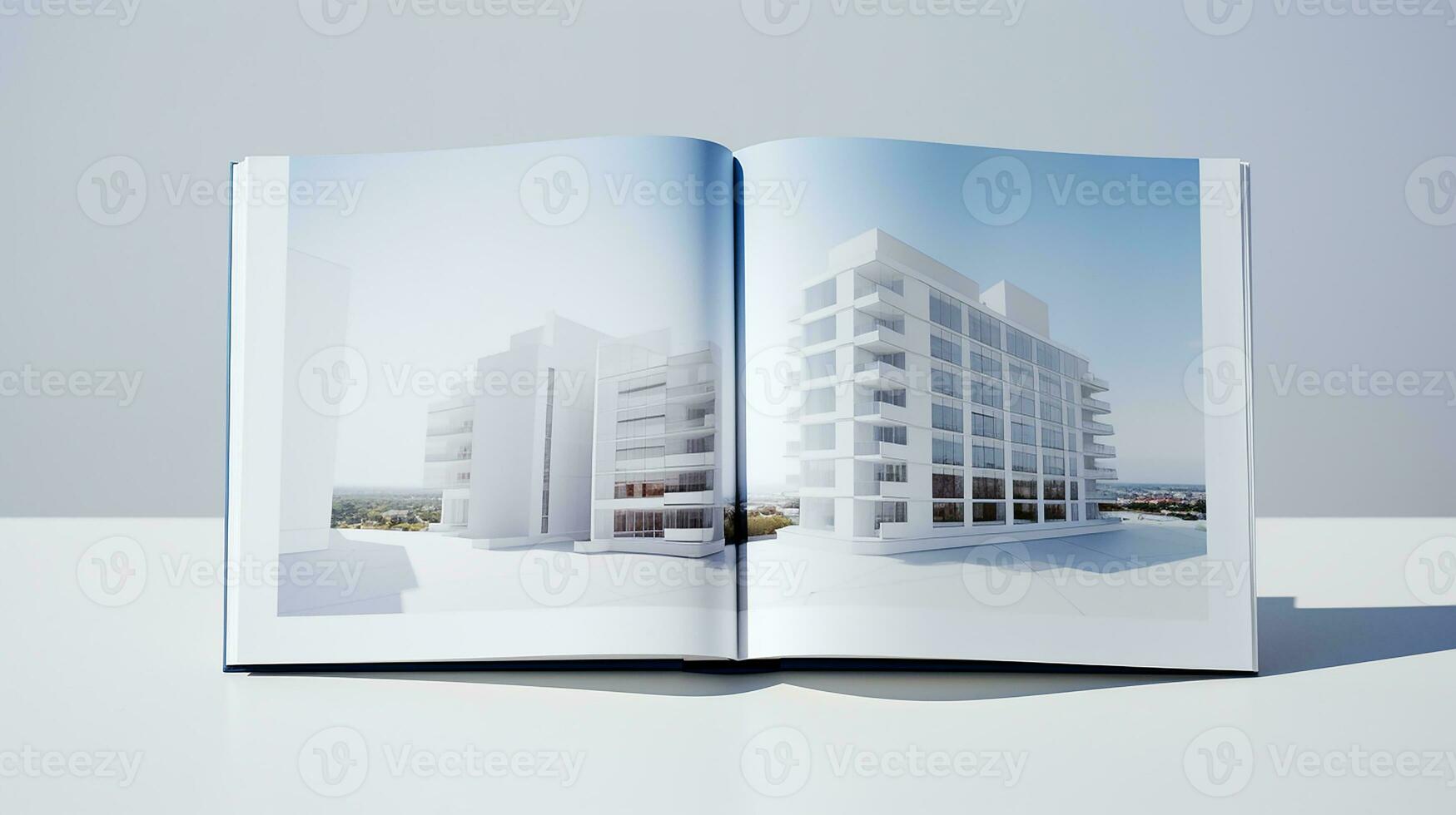 Open magazine with modern and minimalist building and blue sky. 3d rendering. photo