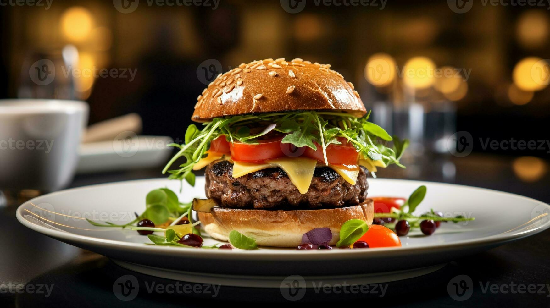 Photo of Hamburger as a dish in a high-end restaurant. Generative AI