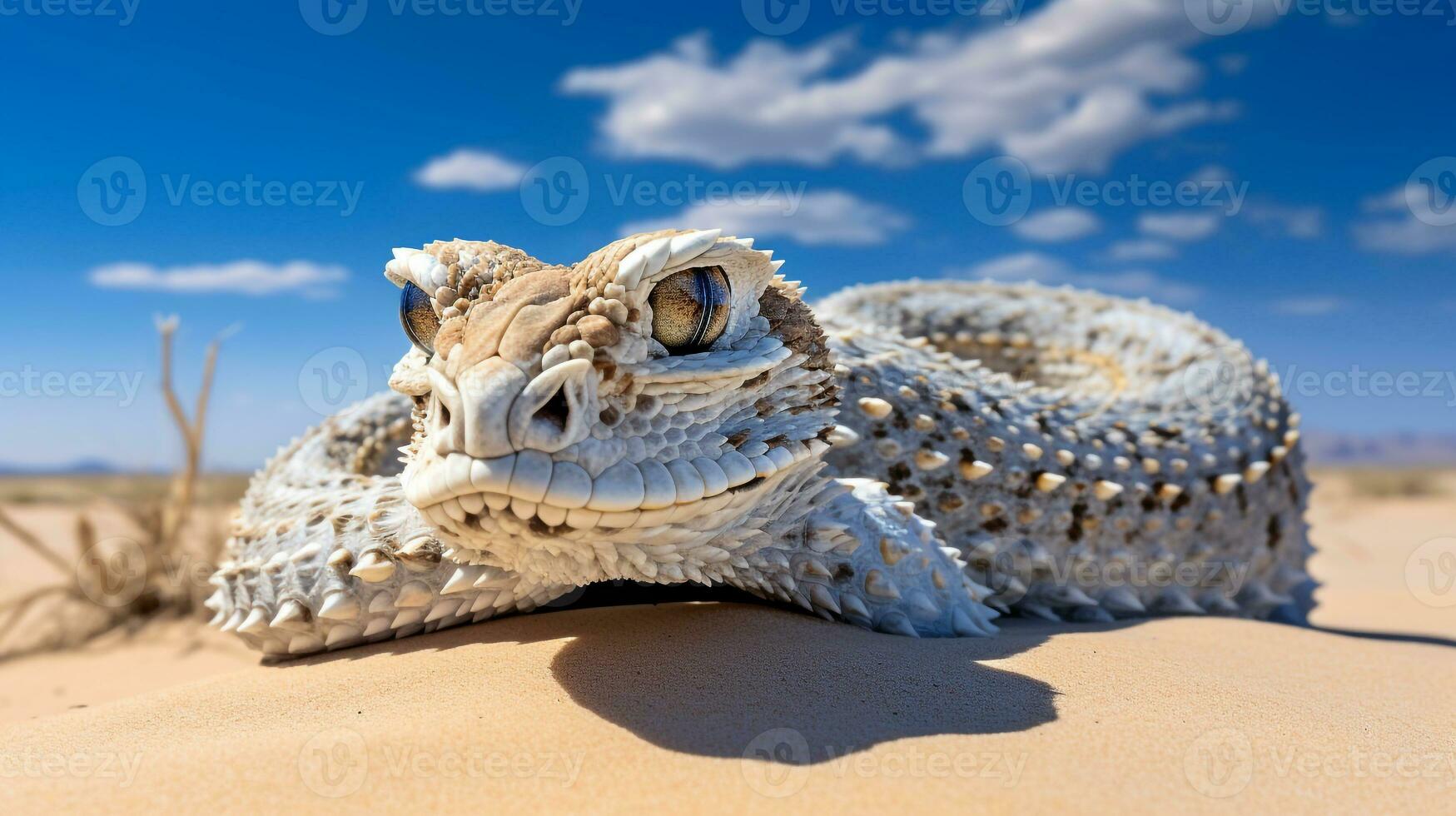 Photo of a Desert Horned Viper in a Desert with blue sky. Generative AI