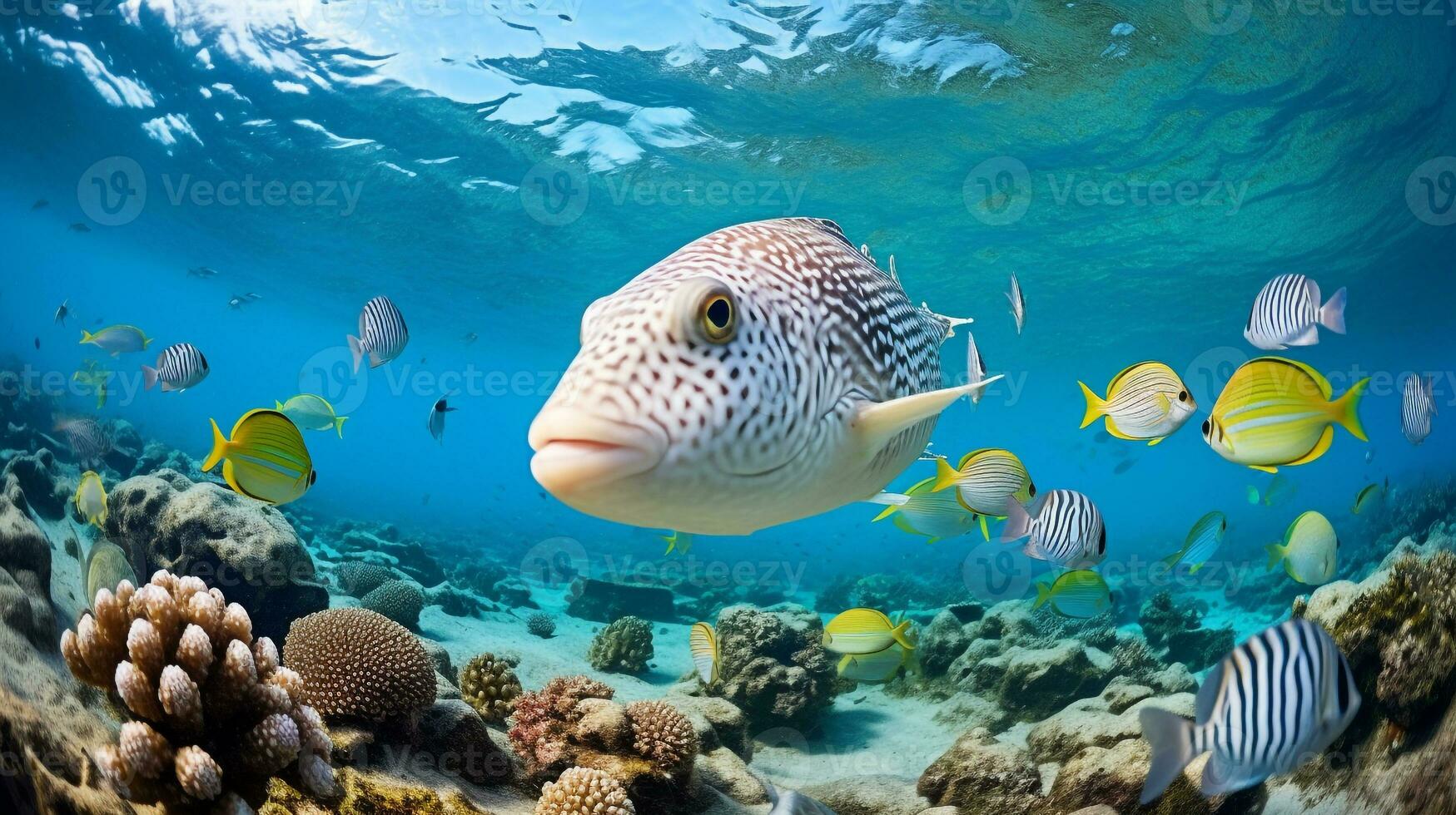 foto de pez globo con varios pescado Entre sano coral arrecifes en el azul océano. generativo ai