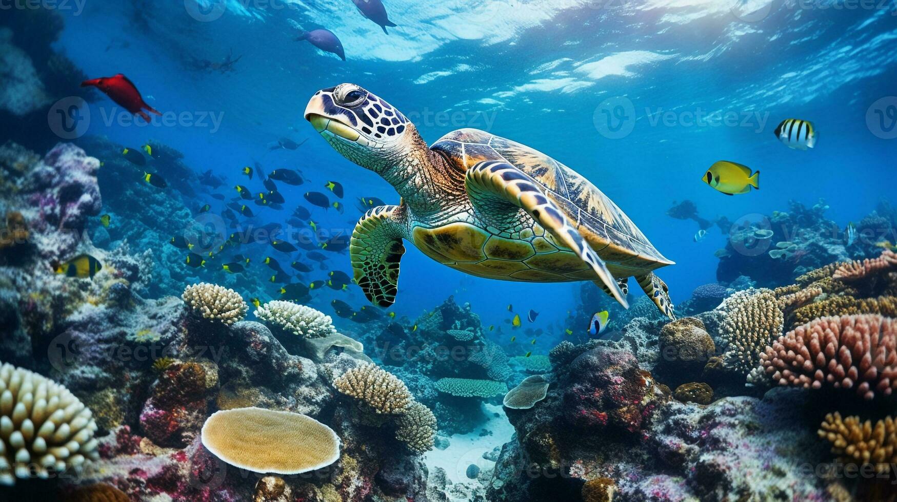 Photo of Sea Turtle with various fish between healthy coral reefs in the blue ocean. Generative AI