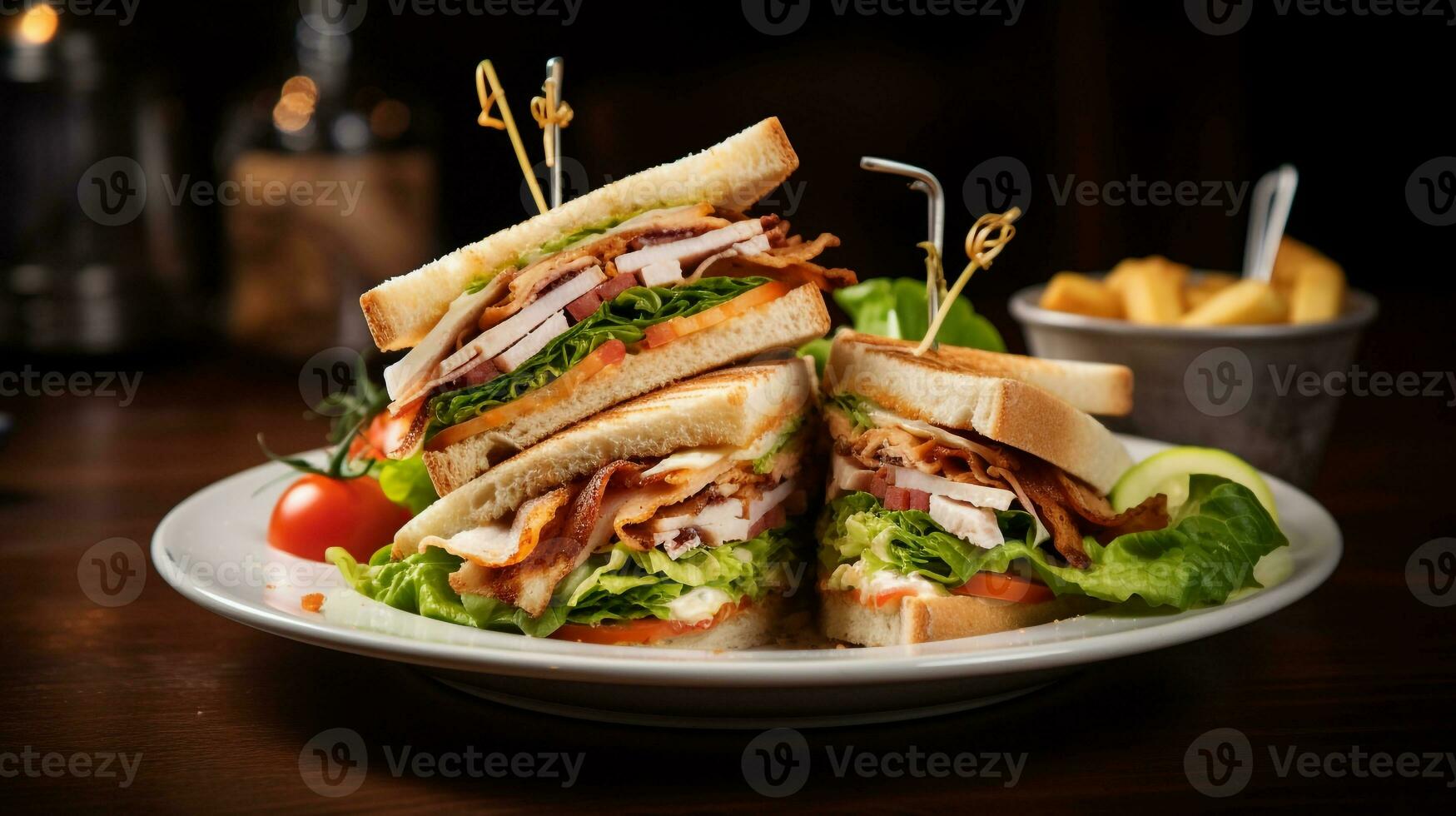 Photo of Club Sandwich as a dish in a high-end restaurant. Generative AI