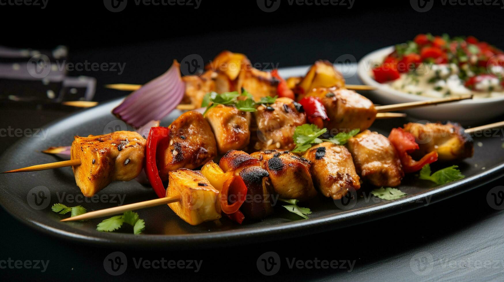 foto de pollo kebabs como un plato en un gama alta restaurante. generativo ai