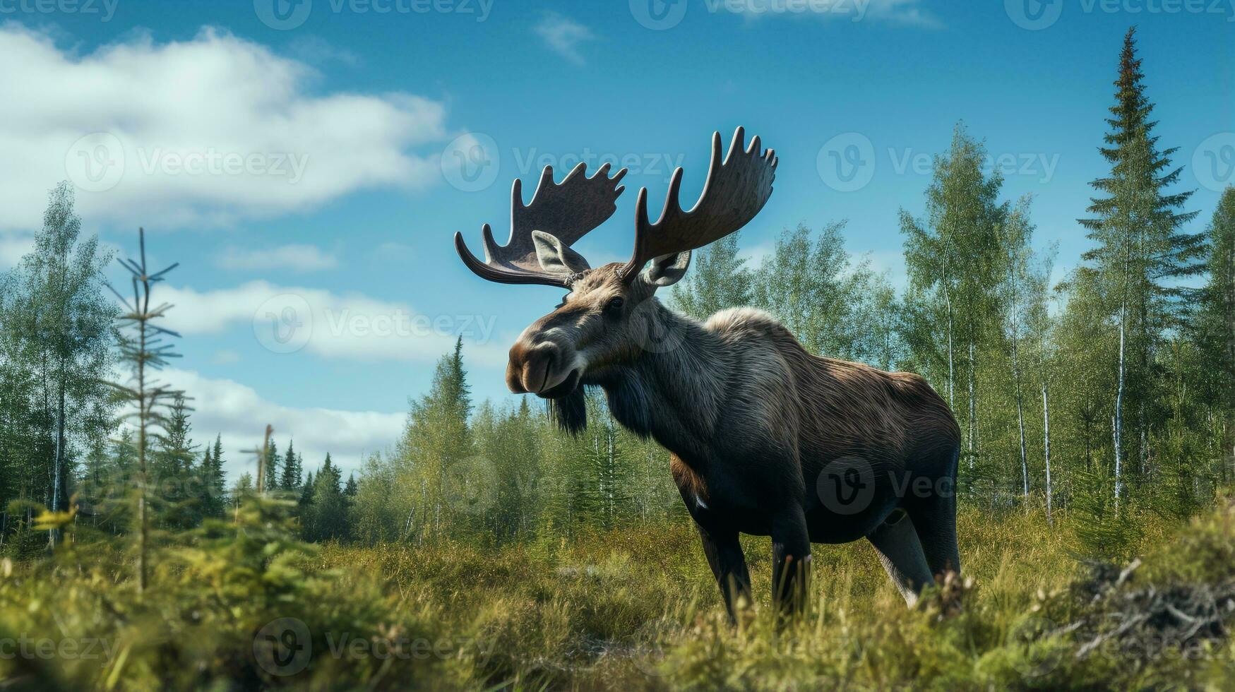 Photo of a Moose under Blue Sky. Generative AI