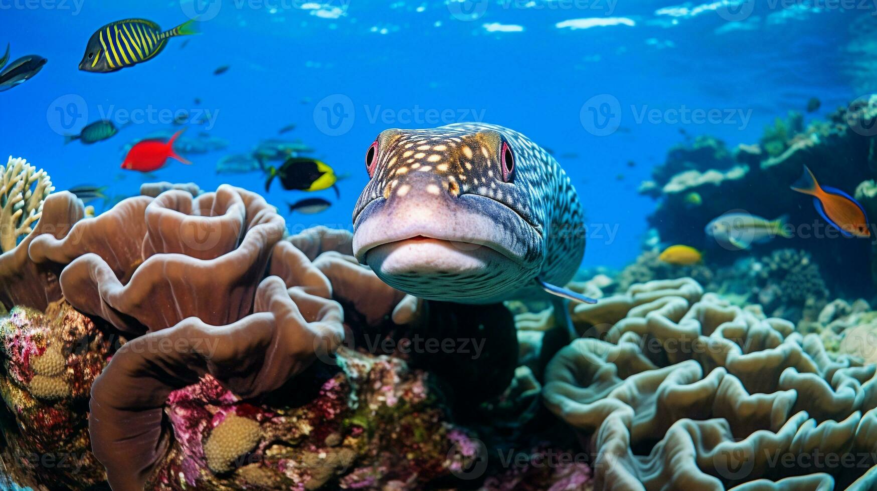 Photo of Eel with various fish between healthy coral reefs in the blue ocean. Generative AI