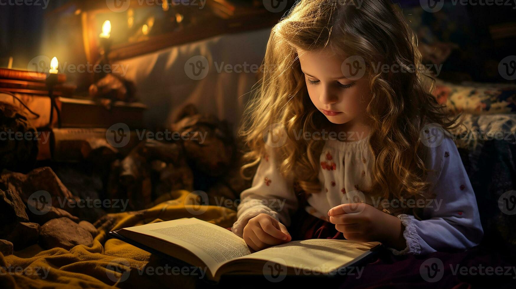 Little girl reading a book in the library with autumn leaves around her. Generative AI photo