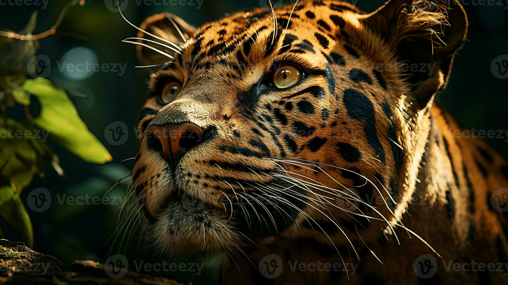 de cerca foto de un africano leopardo mirando ninguna dirección en selva. generativo ai