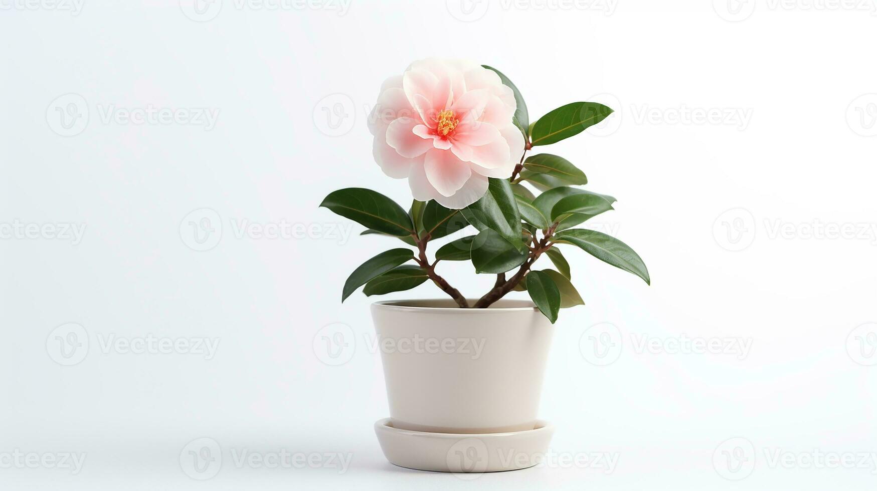 Photo of Camellia flower in pot isolated on white background. Generative AI