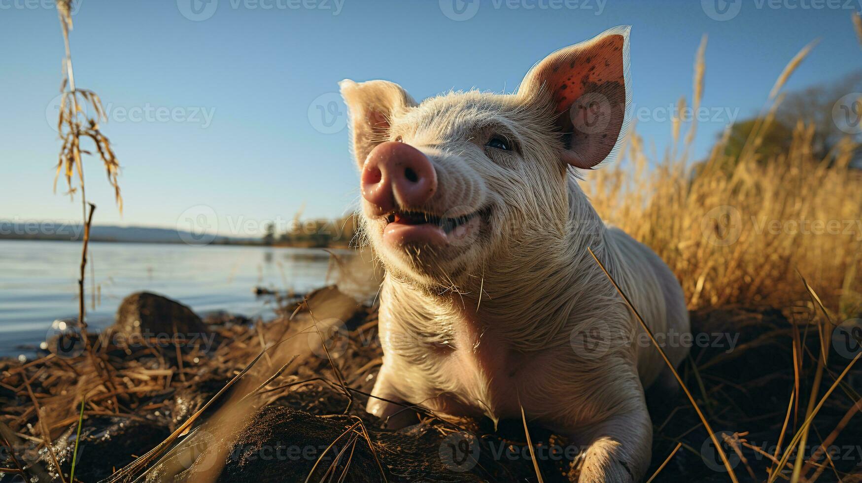 Close-up photo of a Pig looking any direction. Generative AI