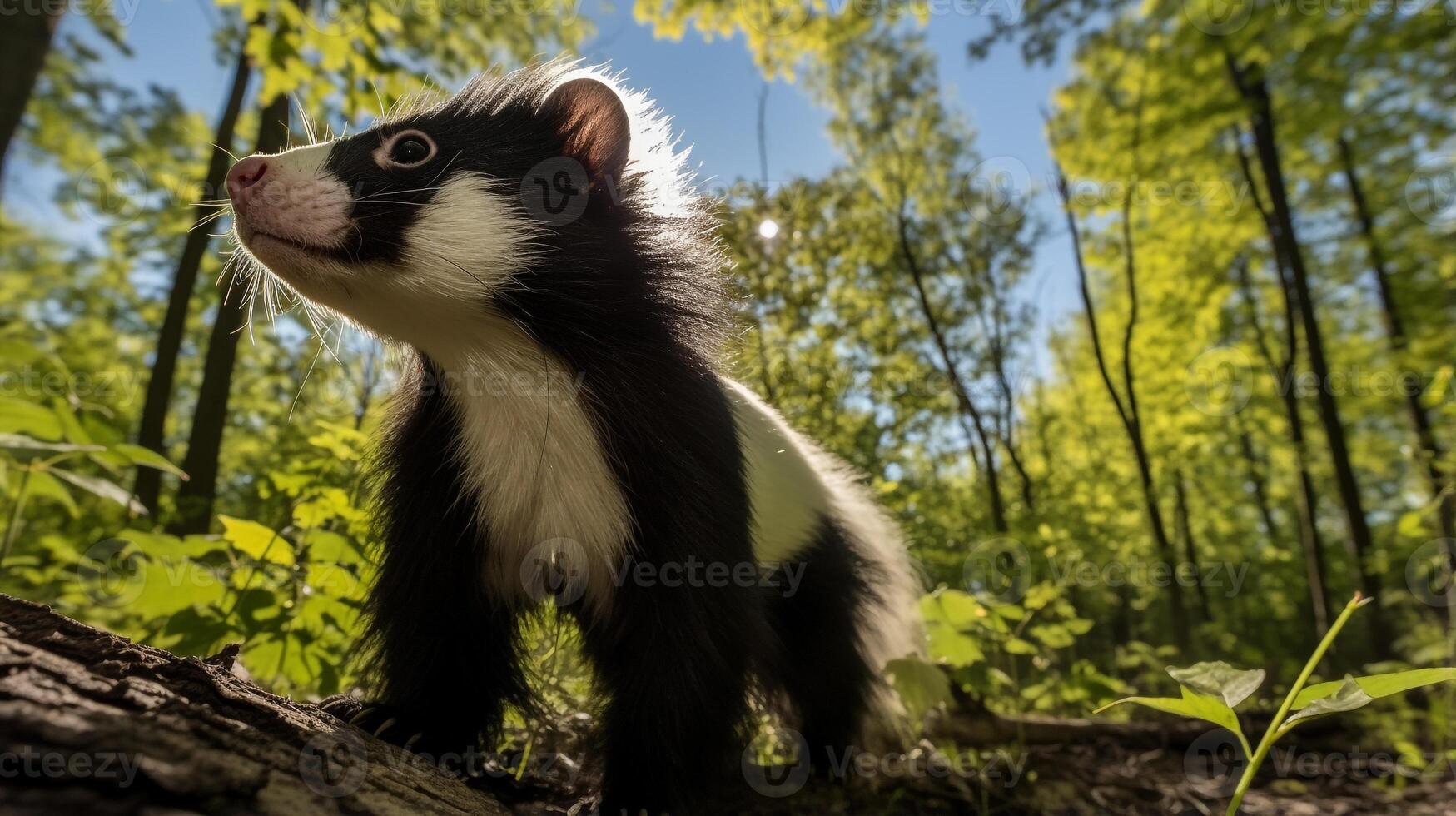 Photo of Skunk in ther forest with blue sky. Generative AI