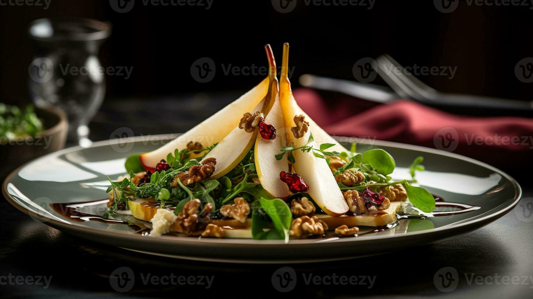 Photo of Pear and Walnut Salad as a dish in a high-end restaurant. Generative AI