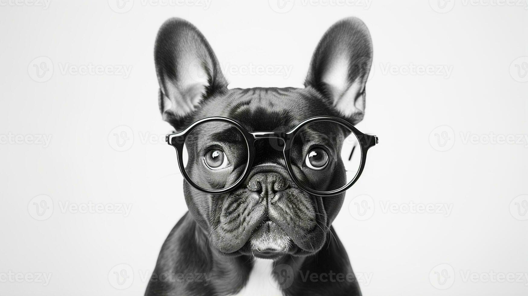 Photo of a French Bulldog dog using eyeglasses isolated on white background. Generative AI