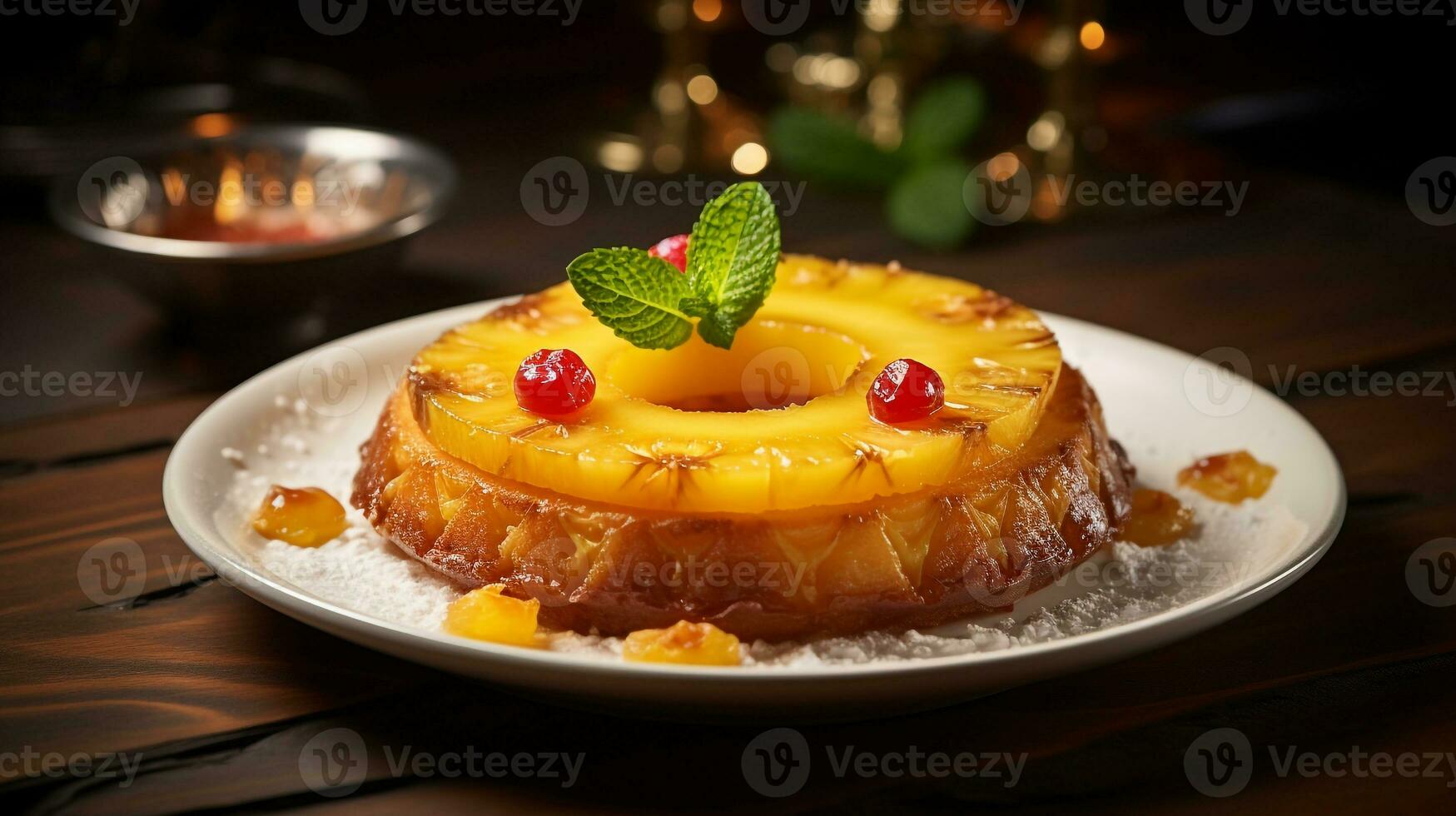 Photo of Pineapple Upside-Down Cake as a dish in a high-end restaurant. Generative AI