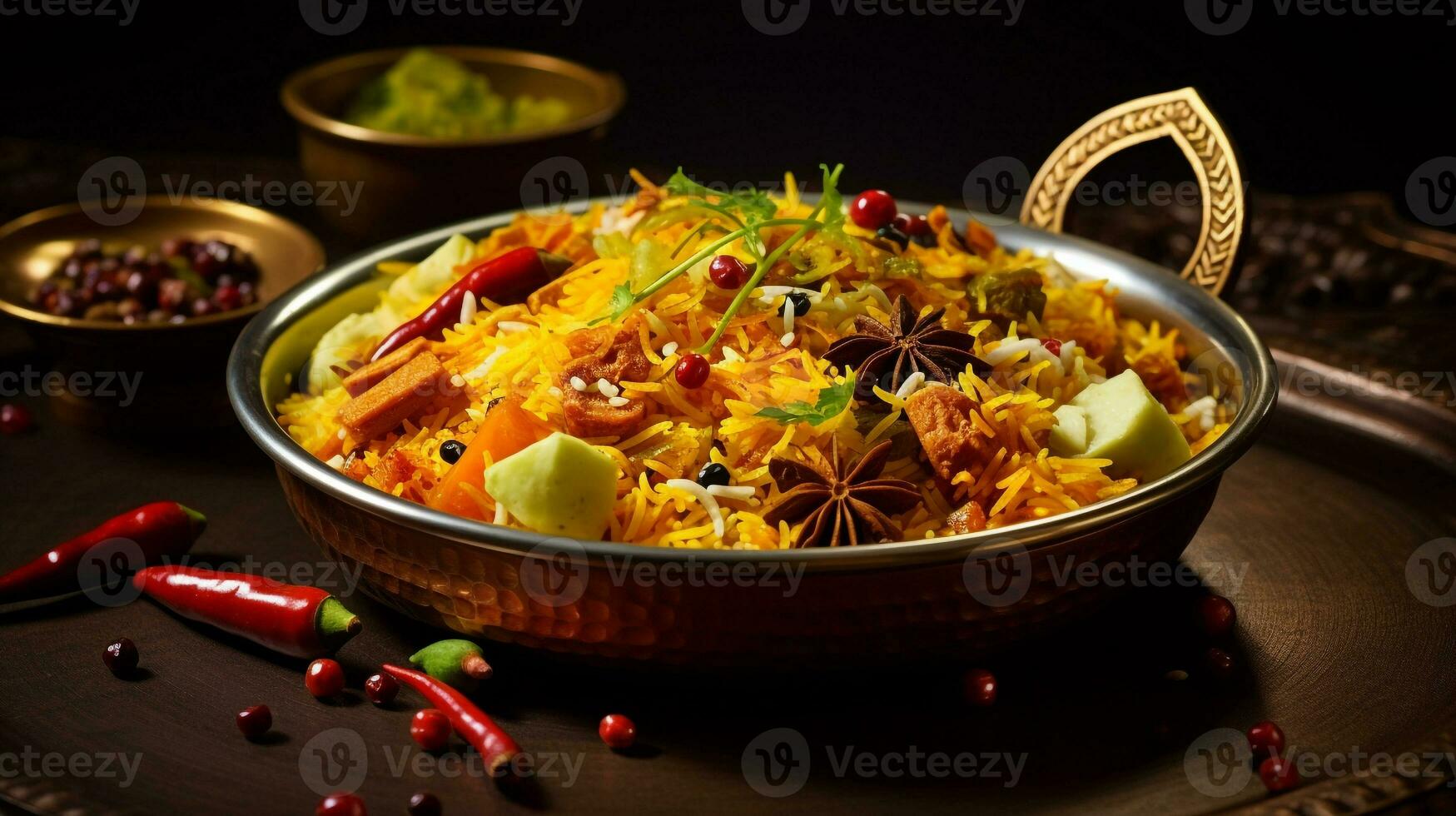 Photo of Biryani as a dish in a high-end restaurant. Generative AI