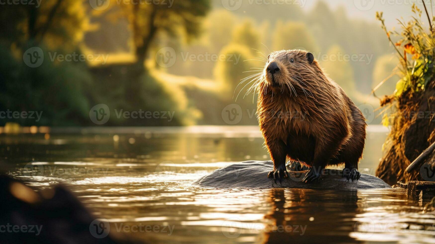 Close-up photo of a Beaver looking in their habitat. Generative AI