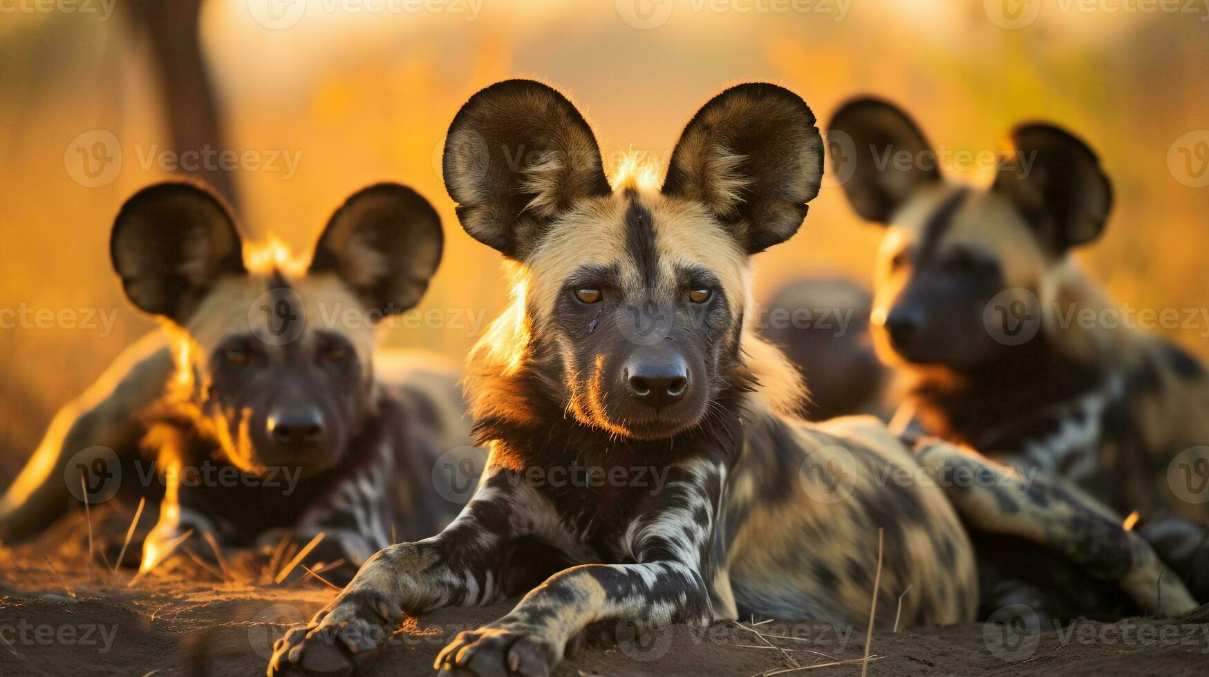 Photo of a herd of African Wild Dog resting in an open area on the Savanna. Generative AI