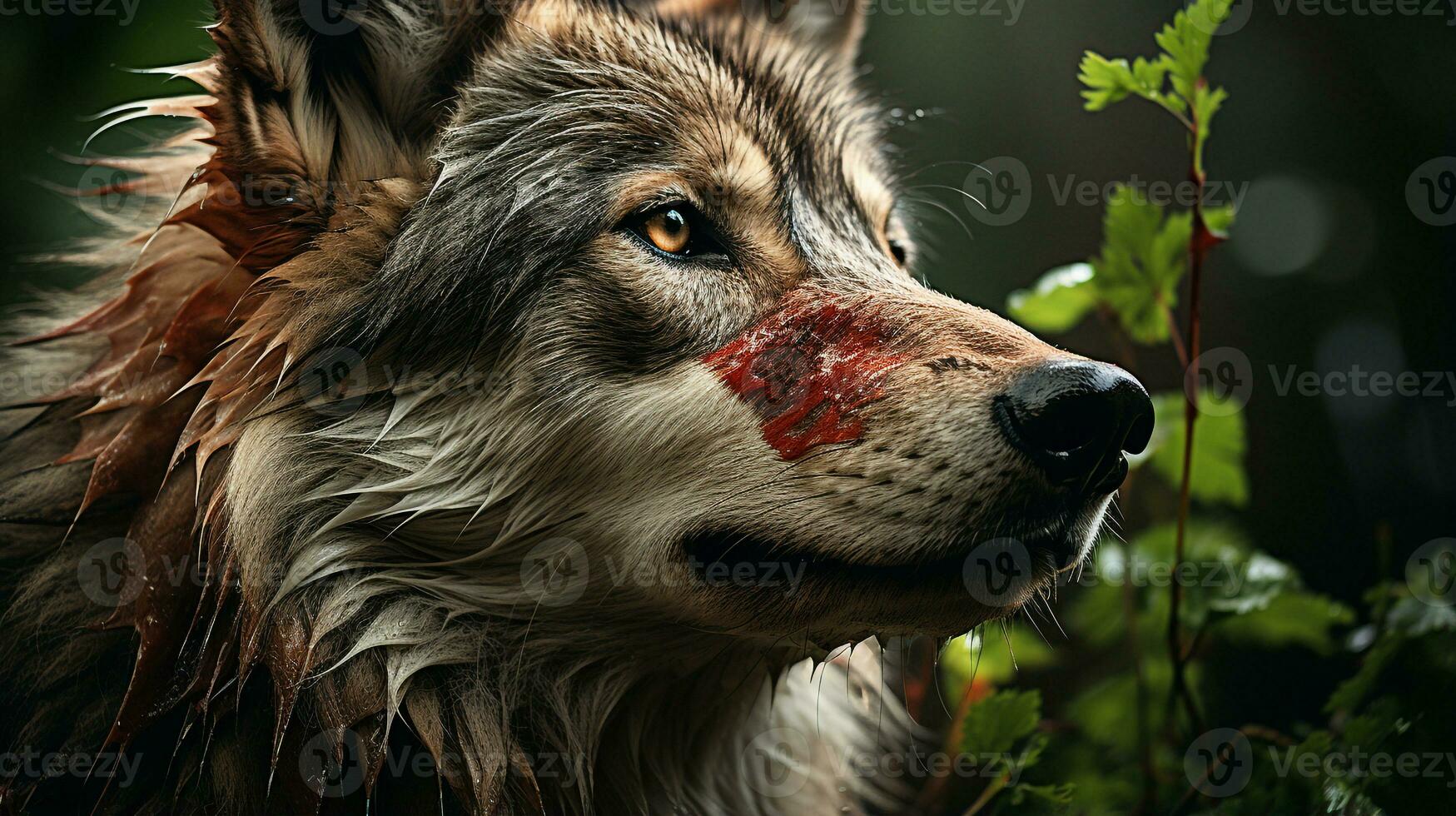 Close-up photo of a Wolf looking any direction on jungle. Generative AI