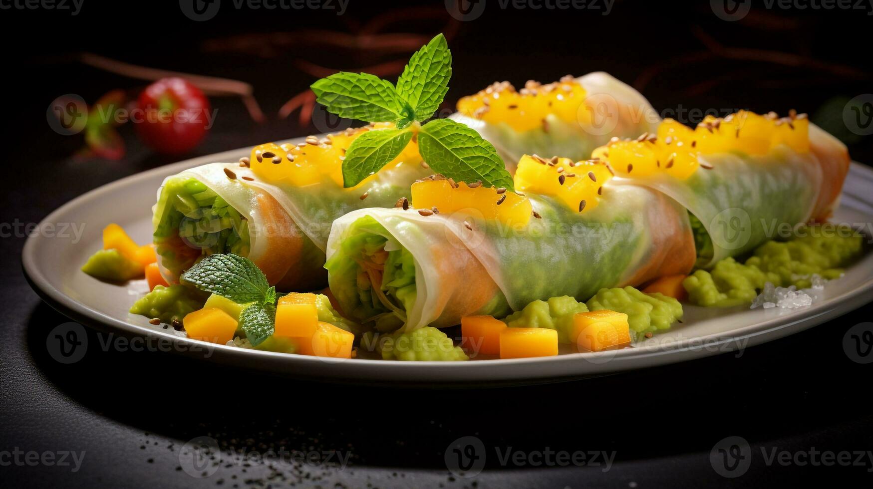 Photo of Mango Avocado Spring Rolls as a dish in a high-end restaurant. Generative AI