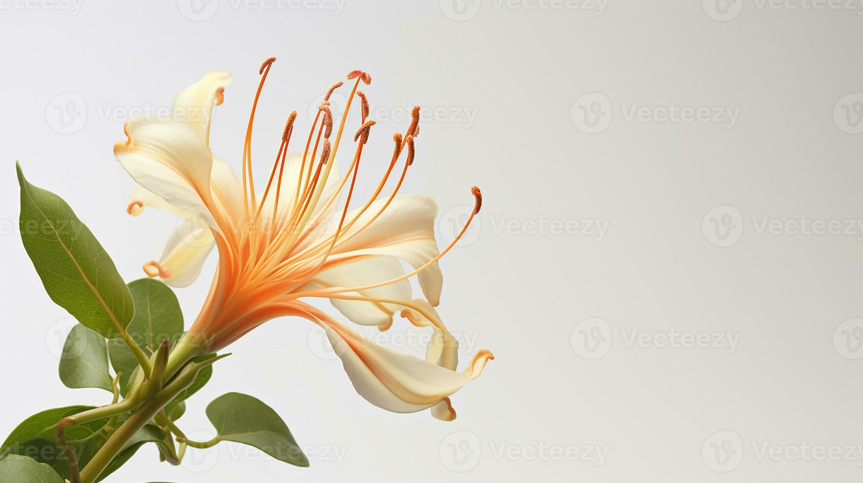 Photo of beautiful Honeysuckle flower isolated on white background. Generative AI