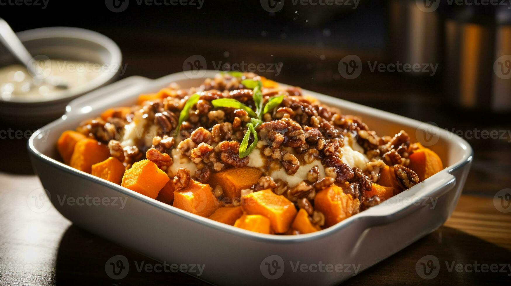Photo of Sweet Potato Casserole as a dish in a high-end restaurant. Generative AI