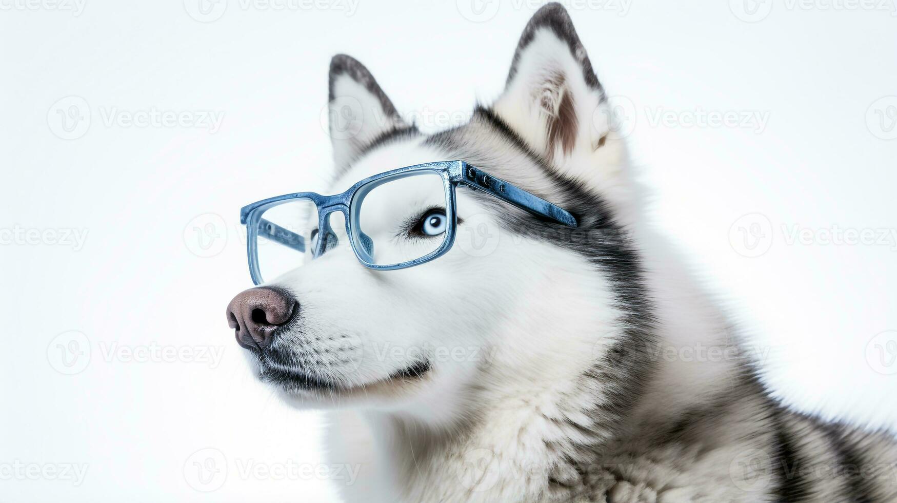 Photo of a Siberian Husky dog using eyeglasses isolated on white background. Generative AI