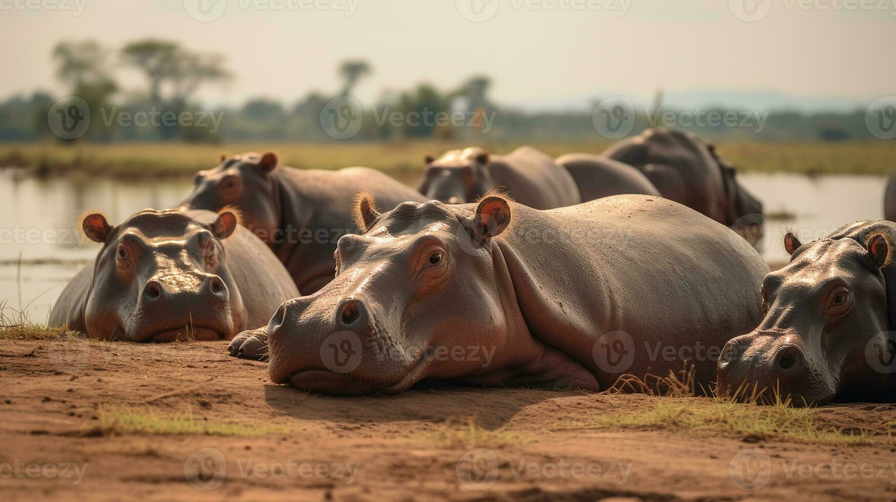 Photo of a herd of Hippopotamus resting in an open area on the Savanna. Generative AI