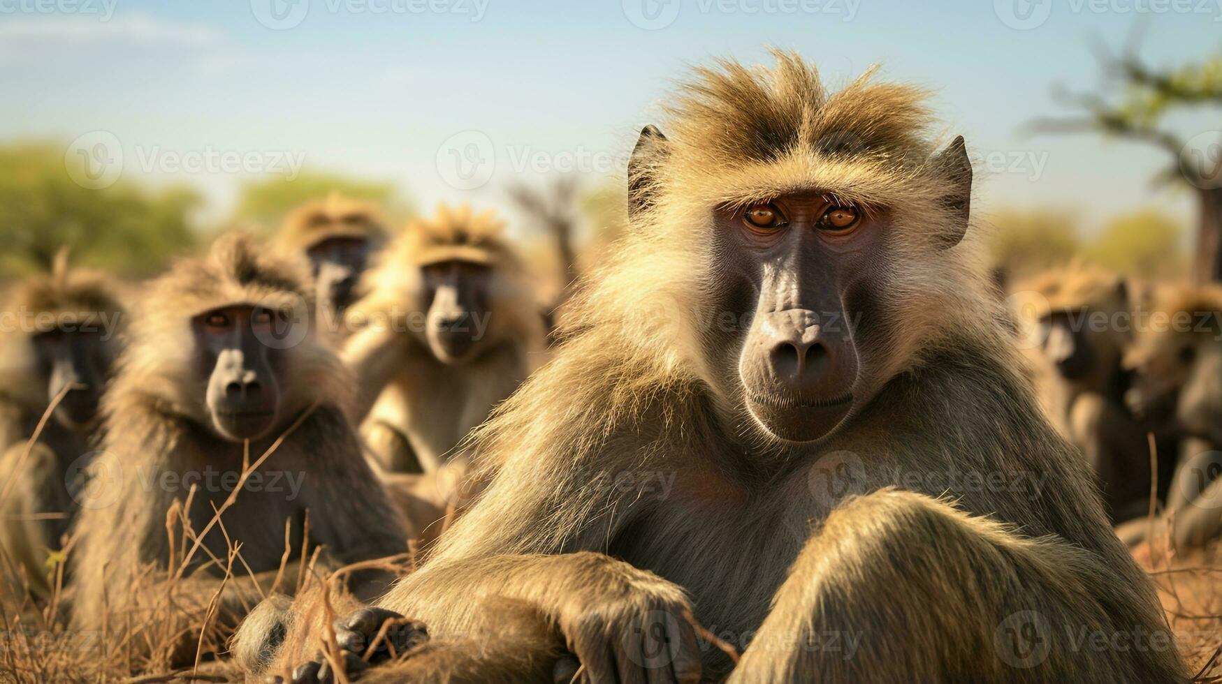 Photo of a herd of Baboon resting in an open area on the Savanna. Generative AI