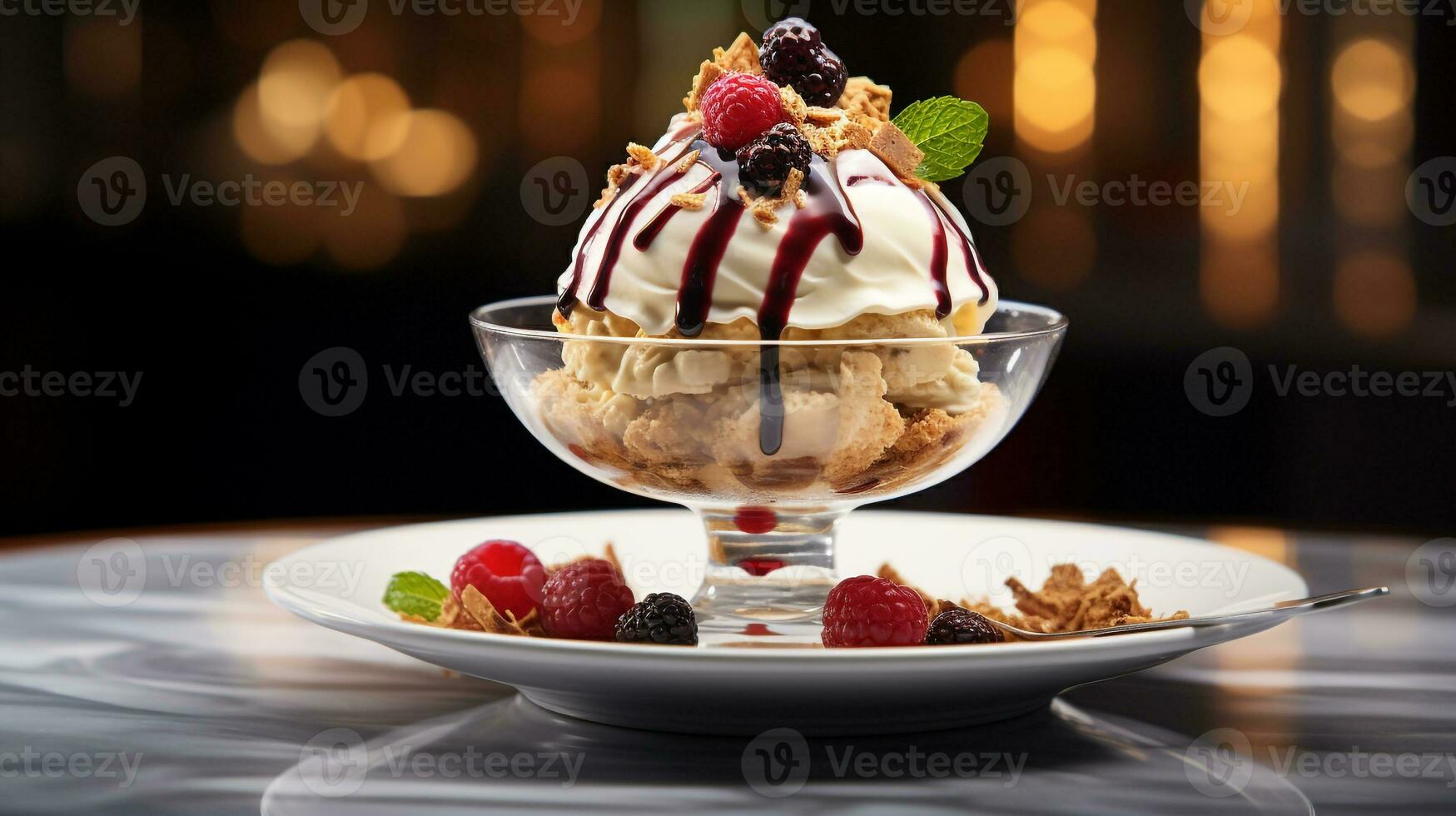 Photo of Ice Cream Sundae as a dish in a high-end restaurant. Generative AI