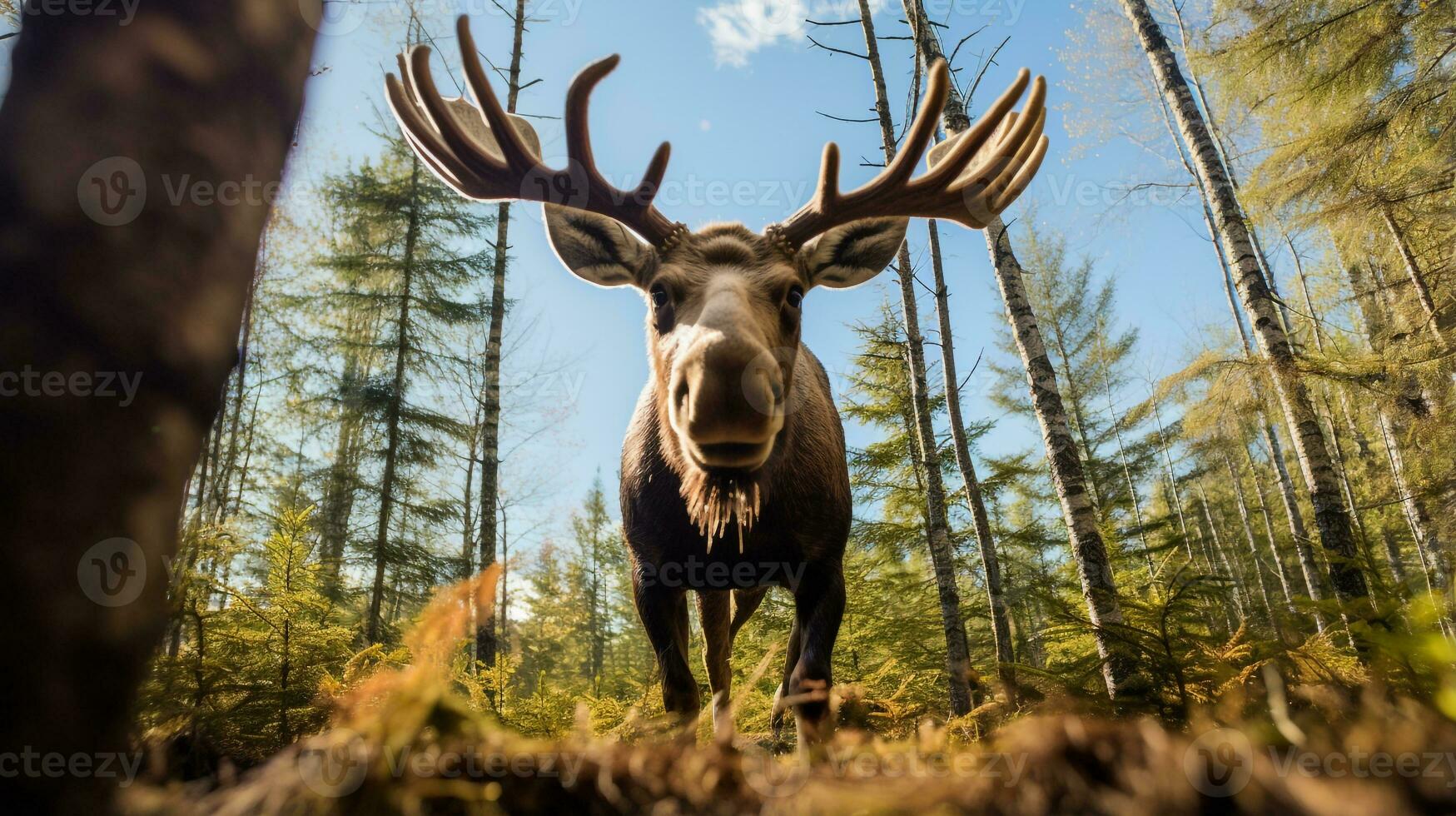 Photo of Moose in ther forest with blue sky. Generative AI