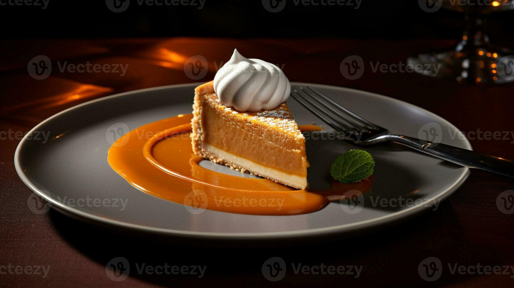 Photo of Pumpkin Pie as a dish in a high-end restaurant. Generative AI