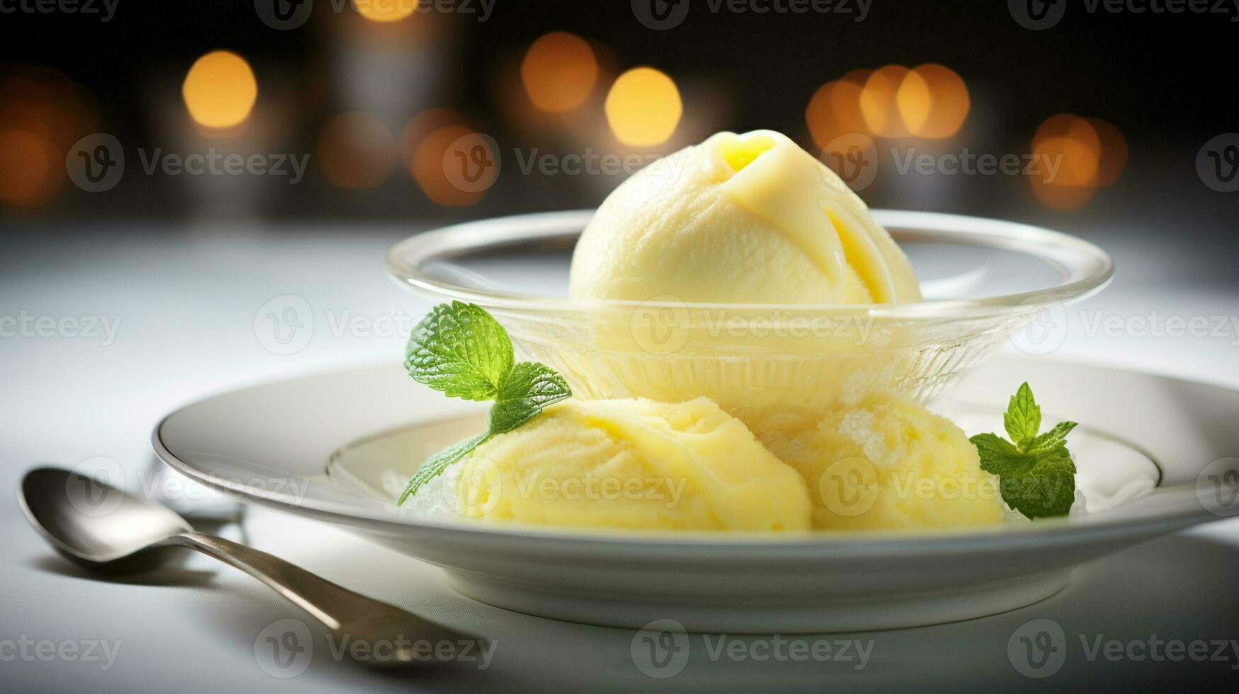 Photo of Lemon Sorbet as a dish in a high-end restaurant. Generative AI